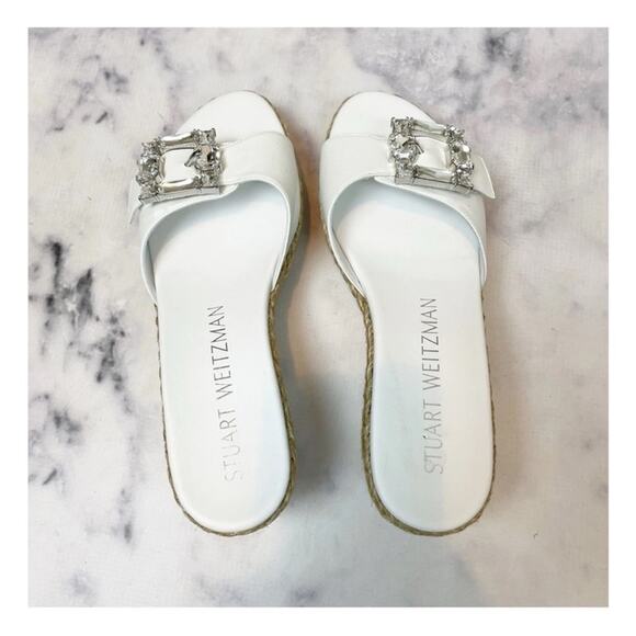 Stuart Weitzman Saint Tropez Crystal Buckle Slide Espadrille Wedge Sandals NWOB - Picture 6 of 12